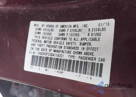 2016 Honda Accord Lx z USA, uszkodzony, nr VIN 1HGCR2F32GA118301